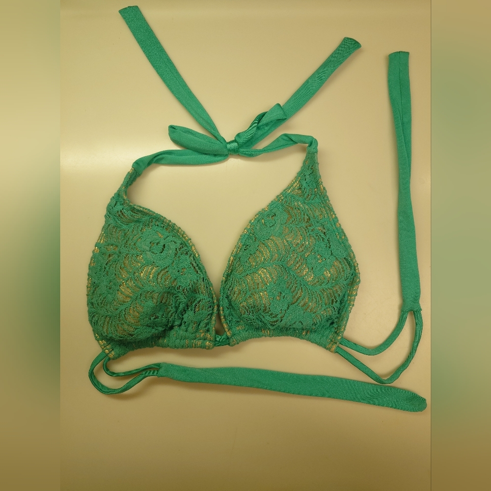 Flaw NWT Gold & Green LULI FAMA Crochet Halter Top DD Tie-Side Bikini SwimSuit M - Picture 10 of 15